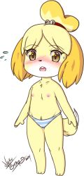 Rule 34 | 1girl, animal crossing, animal ears, animal hands, artist name, barefoot, bell, blonde hair, blue panties, blush, buck teeth, cameltoe, collarbone, dated, dog ears, dog girl, dog tail, embarrassed, female focus, flat chest, flying sweatdrops, full body, furry, furry female, hair bell, hair ornament, hair tie, isabelle (animal crossing), jingle bell, looking at viewer, neko star, nintendo, nose blush, open mouth, panties, short hair, signature, solo, standing, striped clothes, striped panties, sweat, tail, teeth, topknot, topless, transparent background, underwear, underwear only, yellow eyes