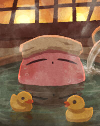 Rule 34 | closed eyes, highres, kirby, kirby (series), miclot, nintendo, no humans, onsen, partially submerged, reflection, reflective water, rubber duck, solo, steam, towel, towel on head, water