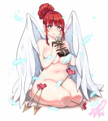 Rule 34 | angel wings, arrow (projectile), chocolate, cupid, curvy, highres, kenron toqueen, nude, original, red hair, simple background, solo, thick thighs, thighs, tomatita, valentine, white background, wings