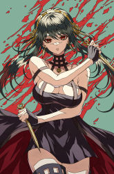 Rule 34 | 1girl, absurdres, aqua background, artificial flower, bare shoulders, black dress, black gloves, black hair, breasts, cleavage, collarbone, cowboy shot, dress, dual wielding, earrings, fingerless gloves, flower, gloves, hair flower, hair ornament, hairband, highres, holding, holding weapon, jewelry, large breasts, looking at viewer, parted lips, red background, red eyes, shokikanes, short hair with long locks, sidelocks, sleeveless, sleeveless dress, smile, solo, spy x family, thighhighs, two-sided dress, two-sided fabric, two-tone background, waist cape, weapon, yellow hairband, yor briar, zettai ryouiki