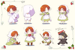 Rule 34 | 2boys, = =, absurdres, ahoge, apron, axis powers hetalia, barefoot, black capelet, black footwear, black headwear, black robe, blonde hair, bloomers, blue eyes, boots, bow, bowtie, broom, brown footwear, brown hair, capelet, chasing, chibi, chibitalia (hetalia), child, closed eyes, covered face, crossdressing, dress, dressing, excited, flower, flying sweatdrops, food, fruit, green dress, hat, head scarf, highres, holding, holding broom, holy roman empire (hetalia), juliet sleeves, knee up, long sleeves, looking at another, male focus, multiple boys, multiple views, northern italy (hetalia), orange hair, outstretched arm, outstretched arms, puff of air, puffy sleeves, putting on boots, reaching, red bow, red bowtie, robe, rubbing eyes, running, save 1075, sequential, short hair, sideburns, simple background, sitting, sleepwear, sleepy, smile, smug, squeans, standing, strap slip, strawberry, tank top, tying, underwear, undressing, untied apron, waking up, walking, white apron, white bloomers, white flower, white headwear, white robe, worried