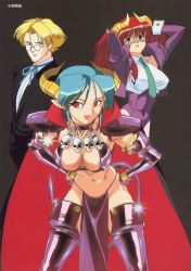 Rule 34 | 00s, 1990s (style), 2girls, breasts, cape, carrera, cleavage, demon girl, green hair, highres, horns, kimura takahiro, large breasts, mercedes (viper), multiple girls, necktie, nipples, official art, rally, red eyes, red hair, skull, sogna, demon girl, tail, viper gts