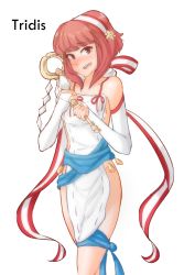 Rule 34 | 1girl, apron, archived source, artist name, blush, breasts, brozoco, collaboration, collarbone, curvy, fingerless gloves, fire emblem, fire emblem fates, fire emblem heroes, gloves, groin, hair ornament, headband, highres, holding, holding staff, jewelry, looking at viewer, naked apron, nintendo, open mouth, pink eyes, pink hair, ribbon, sakura (fire emblem), sash, short hair, sideboob, small breasts, smile, solo, staff, thighs, tridisart, white background