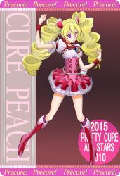 Rule 34 | 00s, 1girl, blonde hair, boots, character name, choker, corset, cure peach, earrings, fresh precure!, full body, gurawan7, hair ornament, heart hair ornament, jewelry, knee boots, long hair, looking at viewer, magical girl, momozono love, pink eyes, pink footwear, pink skirt, precure, puffy sleeves, skirt, smile, solo, twintails, wrist cuffs