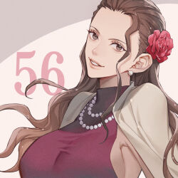 Rule 34 | 1girl, black eyes, black hair, commentary, commentary request, earrings, english commentary, flower, hair flower, hair ornament, jewelry, long hair, looking at viewer, mixed-language commentary, necklace, one piece, pearl earrings, pearl necklace, red flower, smile, solo, teeth, viola (one piece), yoshicha