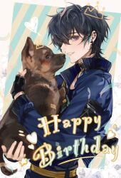 Rule 34 | 1girl, absurdres, animal, animal hug, black gloves, black hair, black shirt, blue jacket, brown dog, chinese commentary, cinnabar (path to nowhere), commentary, confetti, cropped jacket, dog, doo58455, doodle inset, floral background, gloves, happy birthday, heart, highres, jacket, looking at viewer, looking to the side, multicolored hair, open clothes, open jacket, parted lips, path to nowhere, profile, purple eyes, shirt, short hair, sideways glance, single glove, smile, solo, streaked hair, striped background, upper body