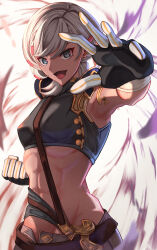 Rule 34 | 1girl, :d, abs, arm up, armpits, bare shoulders, black gloves, black shirt, black shorts, breasts, clenched hand, commentary, cowboy shot, crop top, dark-skinned female, dark skin, earclip, earrings, fiorito (granblue fantasy), gloves, granblue fantasy, grey eyes, grey hair, groin, hair ornament, highres, jewelry, looking at viewer, midriff, navel, open mouth, rizzy, shirt, short hair, short shorts, shorts, sidelocks, sleeveless, sleeveless shirt, small breasts, smile, solo, standing