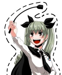 Rule 34 | 10s, 1girl, :d, anchovy (girls und panzer), anzio school uniform, arm up, black cape, black necktie, black ribbon, cape, dotted line, dress shirt, drill hair, emblem, girls und panzer, green hair, hair ribbon, holding, long hair, long sleeves, looking to the side, necktie, open mouth, outline, red eyes, ribbon, riding crop, school uniform, shirt, simple background, smile, solo, standing, twin drills, twintails, upper body, v-shaped eyebrows, white background, white shirt, wing collar, yaruku
