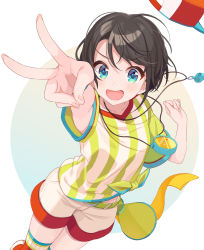 Rule 34 | 1girl, arm up, belt, black hair, blue eyes, closed eyes, commentary request, cowboy shot, hat, highres, hololive, looking at viewer, oozora subaru, oozora subaru (1st costume), open mouth, shigure ui, shirt, short hair, shorts, simple background, solo, stopwatch, striped clothes, striped shirt, thighhighs, v, vertical-striped clothes, vertical-striped shirt, virtual youtuber, watch, whistle, whistle around neck