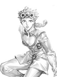 Rule 34 | 1boy, bad id, bad pixiv id, braid, bug, cleavage cutout, clothing cutout, giorno giovanna, greyscale, highres, insect, jojo no kimyou na bouken, ladybug, looking at viewer, male focus, mogloh1310, monochrome, pectoral cleavage, pectorals, solo, vento aureo