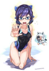 2girls a-chan_(hololive) ahoge alternate_costume animal_ears artist_name bare_shoulders barefoot black-framed_eyewear blue_eyes blue_hair blue_one-piece_swimsuit bow braid breasts camera collarbone commentary_request competition_swimsuit copyright_name covered_navel d: feet fox_ears glasses groin hair_bow hair_ornament highres holding holding_camera hololive kneeling knees logo long_hair looking_at_viewer multiple_girls one-piece_swimsuit open_mouth shadow shirakami_fubuki short_hair small_breasts sweat swimsuit swimsuit_skirt tail taking_picture teeth thighs tomonao upper_teeth_only virtual_youtuber white_background white_hair