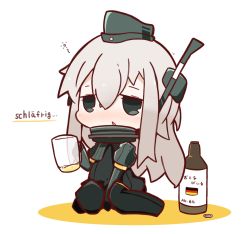 Rule 34 | 10s, 1girl, alcohol, beer, beer mug, blush, bottle, chibi, commentary request, cup, drunk, garrison cap, german flag, german text, green eyes, hat, highres, kantai collection, long hair, looking at viewer, mug, nuu (nu-nyu), silver hair, sitting, solo, translated, u-511 (kancolle), wariza