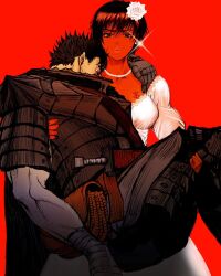 Rule 34 | 1boy, 1girl, arm wrap, armor, bead necklace, beads, belt pouch, berserk, berserker armor, black hair, blue eyes, brand of sacrifice, breasts, bride, carrying, casca (berserk), chest tattoo, commentary, cowboy shot, dark-skinned female, dark skin, dress, earrings, english commentary, flower, gauntlets, glint, guts (berserk), hair flower, hair ornament, hand on another&#039;s shoulder, highres, jewelry, lace, lace-trimmed dress, lace trim, looking at viewer, necklace, nisino2222, pouch, princess carry, puckered lips, red background, role reversal, rose, short hair, simple background, sword, tattoo, unconscious, weapon, wedding dress, white flower, white rose