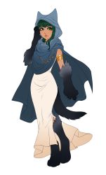 Rule 34 | 1girl, absurdres, animal ears, anubis (monster girl encyclopedia), armband, armlet, bad link, black fur, blue cape, cape, commentary, commission, dress, english commentary, full body, green eyes, green hair, hand up, head scarf, highres, hood, hooded cape, jewelry, long hair, looking at viewer, manos, manosdetrapo, monster girl, monster girl encyclopedia, second-party source, simple background, slit pupils, solo, tail, walking, white background, white dress, wolf ears, wolf paws, wolf tail