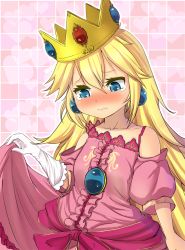 Rule 34 | 1girl, age regression, bare shoulders, blonde hair, blue eyes, blush, clothes lift, crown, crying, crying with eyes open, dress, dress lift, earrings, flat chest, gloves, heart, jewelry, magister, mario (series), nintendo, pink dress, princess peach, single glove, solo, tears, white gloves, aged down