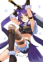Rule 34 | 1girl, absurdres, animal ear fluff, animal ears, armpits, arms up, artist name, black socks, blush, breasts, brown eyes, fang, grin, highres, holding, holding sword, holding weapon, kneehighs, large breasts, long hair, looking at viewer, makoto (princess connect!), parted lips, princess connect!, purple hair, sharval, smile, socks, solo, sword, tail, teeth, twitter username, upper teeth only, weapon, wolf ears, wolf tail