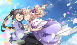 Rule 34 | 1boy, 1girl, bad id, bad pixiv id, blonde hair, blue hair, child, couple, dress, earrings, closed eyes, hair ornament, holding hands, happy, hetero, imminent kiss, jewelry, long hair, macross, macross frontier, parhart, petals, ponytail, saotome alto, sheryl nome, smile, aged down