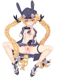 Rule 34 | 1girl, :q, absurdres, anus, bad id, bad pixiv id, black gloves, black necktie, blonde hair, blue hat, blue skirt, blush, braid, breasts, censored, closed mouth, clothes lift, cum, cum in pussy, cum on body, cum on clothes, cum on upper body, cumdrip, facial, fingerless gloves, girls&#039; frontline, gloves, hair between eyes, hat, high heels, highres, long hair, looking at viewer, medium breasts, mosaic censoring, navel, necktie, nipples, platform footwear, pleated skirt, purple eyes, pussy, short necktie, simple background, sitting, skirt, skirt lift, solo, spread legs, spread pussy, sr-3mp (girls&#039; frontline), thigh strap, tongue, tongue out, twin braids, twintails, unbuttoned, unbuttoned shirt, v-shaped eyebrows, very long hair, white background, yahankkwo