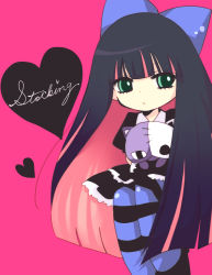 Rule 34 | 10s, 1girl, bad id, bad pixiv id, bow, cat, character name, colored inner hair, green eyes, hair bow, heart, long hair, multicolored hair, panty &amp; stocking with garterbelt, pink background, simple background, solo, stocking (psg), striped clothes, striped thighhighs, thighhighs, two-tone hair, very long hair, yumemomosaka