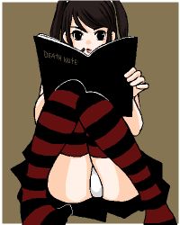 Rule 34 | 00s, 1girl, alternate hair color, amane misa, black eyes, brown hair, death note, death note (object), lowres, luna2, oekaki, panties, pantyshot, solo, striped clothes, striped thighhighs, thighhighs, twintails, underwear, upskirt, white panties