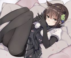 Rule 34 | 10s, 1girl, anchor symbol, armor, black bodysuit, black hair, black skirt, blue flower, blush, bodysuit, breastplate, breasts, clothes writing, eyelashes, flower, green eyes, green flower, hair flower, hair ornament, hairband, hatsuzuki (kancolle), headband, interlocked fingers, kantai collection, knees together feet apart, legs up, looking at viewer, lying, miniskirt, on back, oniku (oishii oniku), own hands together, pale skin, parted lips, pillow, pink flower, pleated skirt, pointy hair, school uniform, serafuku, short sleeves, skirt, small breasts, solo, thigh strap, underbust