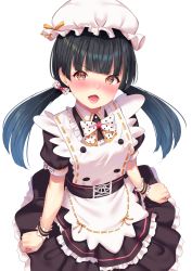 Rule 34 | 1girl, alternate hairstyle, apron, black dress, black hair, blunt bangs, blush, bow, brown eyes, collared dress, dress, flower, frilled dress, frills, hair bow, hair flower, hair ornament, hat, highres, idolmaster, idolmaster shiny colors, k mugura, long hair, looking at viewer, low twintails, mayuzumi fuyuko, mob cap, nose blush, open mouth, pleated dress, polka dot, polka dot bow, puffy short sleeves, puffy sleeves, red flower, short sleeves, simple background, solo, twintails, v-shaped eyebrows, white apron, white background, white bow, white hat, wrist cuffs