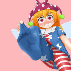 Rule 34 | 1girl, american flag legwear, blonde hair, blush, clownpiece, crazy eyes, crazy smile, fairy wings, feet, foot focus, from below, grin, haiiroguma, hat, highres, jester cap, looking at viewer, narrowed eyes, no shoes, pantyhose, print pantyhose, red eyes, smell, smile, soles, solo, star (symbol), steam, striped, toes, touhou, wings