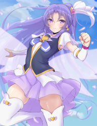 Rule 34 | 10s, 1girl, arm warmers, avy417, bad id, bad pixiv id, blue sky, blurry, blush, boots, breasts, brooch, clenched hand, cloud, cure fortune, day, depth of field, detached sleeves, dress, earrings, frown, hair ornament, happinesscharge precure!, heart, heart brooch, heart hair ornament, high ponytail, hikawa iona, jewelry, leg lift, leikangmin, long hair, looking at viewer, magical girl, necktie, outdoors, outstretched arms, petals, pleated skirt, ponytail, precure, purple dress, purple eyes, purple hair, purple skirt, short sleeves, skirt, sky, small breasts, smile, solo, spread arms, star (symbol), star earrings, thigh boots, thighhighs, very long hair, white thighhighs, wide ponytail, wings, zettai ryouiki