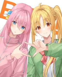 Rule 34 | 2girls, ahoge, blonde hair, blue eyes, blush, bocchi the rock!, bow, bowtie, braid, commentary, copyright name, cube hair ornament, eyelashes, finger frame, frown, gotoh hitori, green jacket, hair between eyes, hair ornament, hand up, highres, ijichi nijika, jacket, kanaria hisagi, long hair, long sleeves, looking at viewer, multiple girls, one side up, open clothes, pink hair, pink jacket, polka dot, polka dot bow, red bow, red bowtie, red eyes, shirt, side braid, side ponytail, sidelocks, simple background, smile, very long hair, white background, white shirt, zipper
