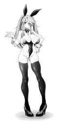 Rule 34 | 1girl, aged up, animal ears, bare shoulders, bow, bowtie, breasts, cleavage, detached collar, fake animal ears, full body, greyscale, highres, idolmaster, idolmaster cinderella girls, large breasts, leotard, long hair, looking at viewer, monochrome, playboy bunny, pussy juice, rabbit ears, shirokuma (nankyoku), shoes, simple background, solo, standing, sweat, thighhighs, twintails, white background, yuuki haru