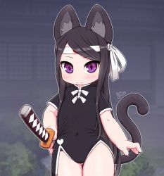 Rule 34 | 1girl, animal ears, arms at sides, black dress, blush, bow, brown hair, cat ears, cat tail, china dress, chinese clothes, closed mouth, cowboy shot, dress, fingernails, flat chest, gluteal fold, headband, highres, holding, holding sword, holding weapon, japanese flag, katana, kionant, long hair, looking at viewer, original, purple eyes, sharp fingernails, short sleeves, solo, standing, sword, tail, very long hair, weapon, white bow
