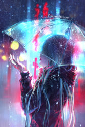 Rule 34 | 1girl, blue hair, blurry, blurry background, commentary, english commentary, highres, jacket, long hair, multicolored hair, night, original, rain, see-through, solo, standing, third-party source, transparent, transparent umbrella, umbrella, upper body, watermark, web address, wet, yuumei