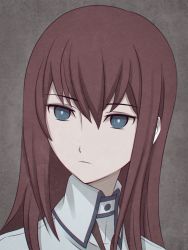 Rule 34 | 1girl, blue eyes, brown hair, closed mouth, commentary, english commentary, highres, long hair, looking at viewer, makise kurisu, miura-n315, shirt, simple background, solo, steins;gate