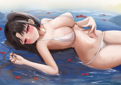 Rule 34 | 1girl, bare arms, bare shoulders, bikini, black hair, breasts, cleavage, closed mouth, collarbone, commission, from side, hand on own stomach, highres, iro (boo iro), large breasts, looking at viewer, looking to the side, lying, navel, on back, original, parted bangs, petals, petals on liquid, red eyes, shallow water, smile, solo, stomach, swimsuit, twintails, wakamezake, water, wavy mouth, white bikini