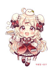 Rule 34 | 1girl, absurdres, black skirt, blonde hair, blush, bun cover, detached sleeves, double bun, dumpling, fang, food, frilled sleeves, frills, full body, hair bun, hair ornament, hairclip, highres, holding, holding plate, jiaozi, long hair, long sleeves, looking at viewer, open mouth, original, plate, pleated skirt, puffy long sleeves, puffy sleeves, red eyes, sakura oriko, shirt, simple background, skirt, sleeveless, sleeveless shirt, solo, standing, translation request, very long hair, white background, white shirt, white sleeves