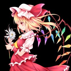 Rule 34 | 1girl, ascot, black background, blonde hair, blush, chikuwa savy, crystal, flandre scarlet, flower, hat, hat ribbon, mob cap, profile, puffy sleeves, red eyes, ribbon, short sleeves, side ponytail, simple background, skirt, skirt set, smile, solo, touhou, vest, wings, wrist cuffs