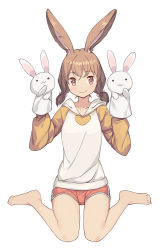 Rule 34 | 1girl, animal ears, bare legs, barefoot, brown hair, commentary, full body, hand puppet, hands up, hood, hood down, hoodie, long sleeves, looking at viewer, low twintails, medium hair, original, puppet, rabbit ears, red shorts, saiste, short shorts, shorts, simple background, sitting, smile, solo, symbol-only commentary, twintails, wariza, white background
