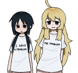 2girls :3 ahoge alternate_costume arms_at_sides black_hair blonde_hair chito_(shoujo_shuumatsu_ryokou) closed_mouth clothes_writing commentary english_commentary long_hair looking_at_viewer low_twintails matching_outfits mliko444 multiple_girls no_pants shirt short_sleeves shoujo_shuumatsu_ryokou simple_background standing straight-on t-shirt twintails white_background white_shirt yuuri_(shoujo_shuumatsu_ryokou)