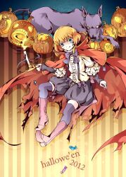 Rule 34 | 1girl, :q, blonde hair, blue eyes, boots, bow, bowtie, candle, candy, chain (pandora hearts), cloak, food, halloween, holding, holding candle, hood, hooded cloak, jack-o&#039;-lantern, lily (pandora hearts), pandora hearts, puffy shorts, purple bow, purple bowtie, red cloak, shirt, shorts, solo, suspenders, tongue, tongue out, wavily, white shirt