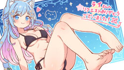 Rule 34 | 1girl, alternate costume, animal ears, ass, bikini, black bikini, blue eyes, blue hair, blush, braid, breasts, cat ears, cat girl, cat tail, closed mouth, colored inner hair, commentary request, feet, flower, french braid, hair flower, hair ornament, heart, highres, indie virtual youtuber, knees together feet apart, legs, long hair, looking at viewer, medium breasts, multicolored hair, navel, onyhakase, pink hair, second-party source, side-tie bikini bottom, smile, soles, solo, soraneko kurumi, stomach, swimsuit, tail, thighs, toes, translation request, two-tone hair, virtual youtuber