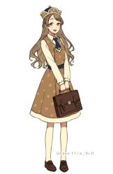 Rule 34 | 1girl, akagi shun, bag, blue necktie, blush, braid, briefcase, brown dress, brown eyes, brown footwear, brown hair, buttons, collared shirt, double-breasted, dress, full body, hat, holding, holding bag, loafers, long hair, long sleeves, looking to the side, necktie, original, parted bangs, pinafore dress, shirt, shoes, sleeveless dress, smile, solo, standing, teeth, tongue, twitter username, white background, white shirt