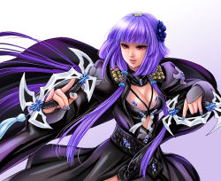 Rule 34 | 1girl, \m/, black dress, blue nails, breasts, cape, cleavage, dress, flower, hair flower, hair ornament, lie mei (thunderbolt fantasy), long hair, looking at viewer, nail polish, parted lips, pink eyes, purple hair, sca jam, solo, standing, thunderbolt fantasy, twintails, weapon