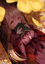 Rule 34 | 1girl, autumn leaves, black bow, blonde hair, blush, book, bow, breasts, covering own mouth, day, dress, hair bow, hair ornament, highres, holding, holding book, large breasts, long hair, long sleeves, looking at viewer, orange eyes, original, outdoors, purple dress, ribbon, scarf, sitting, skirt, solo, tree, tsukimiya sara
