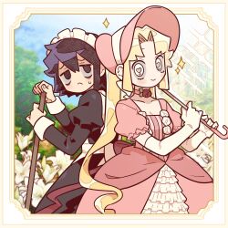 Rule 34 | 2girls, :c, alternate costume, black dress, black eyes, black hair, blonde hair, blush, bonnet, breasts, broom, choker, cleavage, curly hair, dress, elbow gloves, enmaided, flower, gloves, hair between eyes, heart, heart-shaped pupils, highres, holding, holding broom, holding umbrella, i love amy, long hair, looking at another, looking at viewer, maid, maid headdress, multiple girls, pink dress, red ribbon, ribbon, ribbon choker, short hair, small breasts, smile, sparkle, sweatdrop, symbol-shaped pupils, twintails, umbrella, unn1666, upper body, very long hair, white flower, white gloves