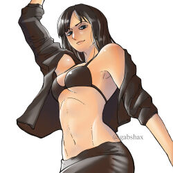 Rule 34 | 1girl, arm up, bikini, bikini top only, black bikini, black hair, black jacket, black pants, breasts, commentary, english commentary, from below, gabshax, highres, jacket, light smile, looking at viewer, medium breasts, medium hair, navel, nico robin, one piece, pants, simple background, solo, swimsuit, twitter username, underboob, upper body, white background