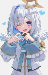 Rule 34 | 1girl, amane kanata, amane kanata (1st costume), angel, angel wings, blue hair, blush, bow, colored inner hair, commentary request, halo, heart, heart hands, highres, hololive, hopepe, looking at viewer, medium hair, multicolored hair, open mouth, purple eyes, single hair intake, smile, solo, star halo, upper body, virtual youtuber, white hair, wings