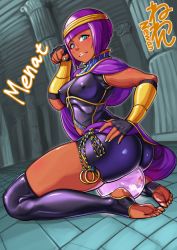 Rule 34 | 1girl, artist request, ass, bike shorts, breasts, capcom, character name, circlet, covered erect nipples, dark-skinned female, dark skin, feet, female focus, fingerless gloves, gloves, looking back, menat, no shoes, purple eyes, purple hair, shawl, shiny clothes, shiny skin, short hair, soles, solo, street fighter, street fighter v, thighhighs, toeless legwear, toes