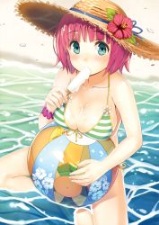 Rule 34 | 1girl, artist request, ball, bare shoulders, beach, beachball, bikini, breasts, cleavage, flower, food, front-tie top, green eyes, hat, hibiscus, highres, indian style, large breasts, looking at viewer, mouth hold, outdoors, pink hair, popsicle, short hair, side-tie bikini bottom, sitting, solo, straw hat, string bikini, striped bikini, striped clothes, swimsuit, water