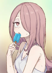 Rule 34 | 1girl, breasts, cleavage, domdom, eyelashes, food, gradient background, hair over one eye, holding, holding food, holding popsicle, ice cream, little witch academia, long hair, medium breasts, pink hair, popsicle, red eyes, simple background, sucy manbavaran, tank top