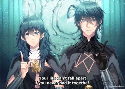 1boy 1girl armor black_gloves blue_eyes blue_hair byleth_(female)_(fire_emblem) byleth_(fire_emblem) byleth_(male)_(fire_emblem) closed_mouth english_text fire_emblem fire_emblem:_three_houses gloves medium_hair nintendo short_hair sieka_(piiroinardesco) twitter_username upper_body